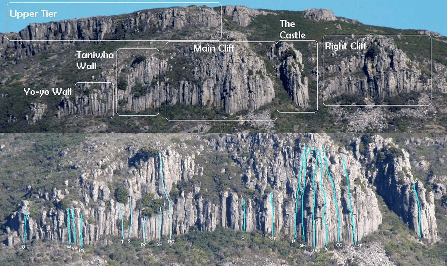 Grey Mt Bradley cliff faces with sectors and routes indicated.