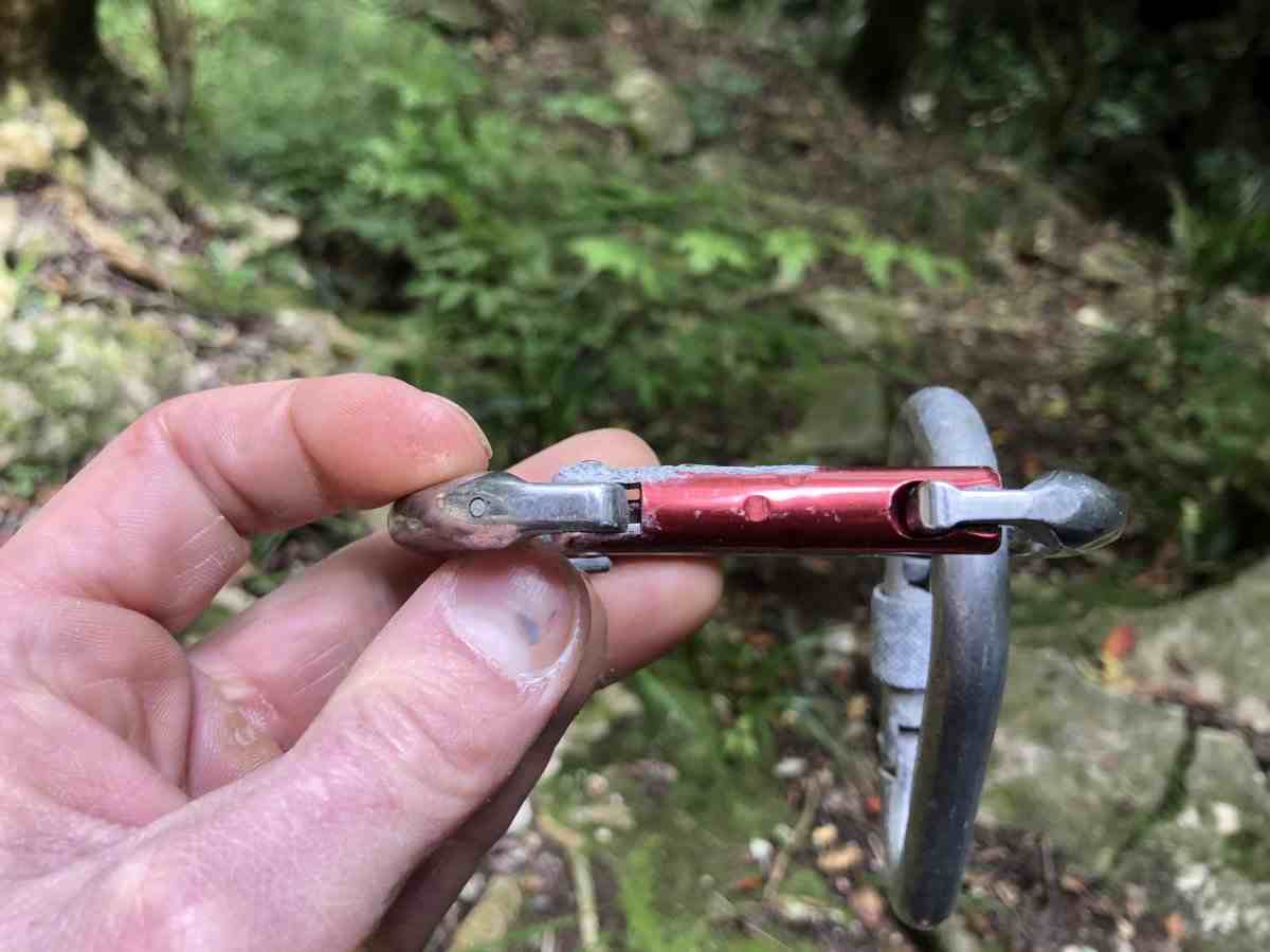 Alloy corrosion on red carabiner at Pakeho crag.