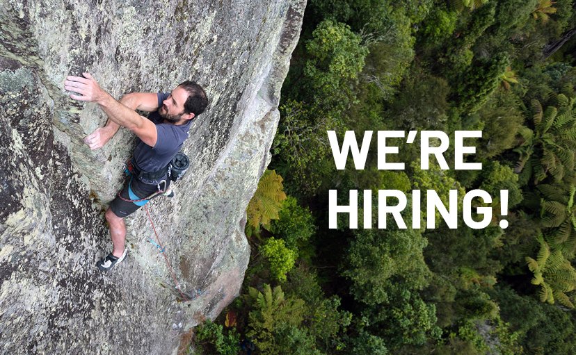 We're hiring! Rock climber above a bush background.