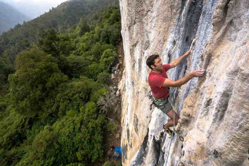 Climber on vertical cliff with forest background