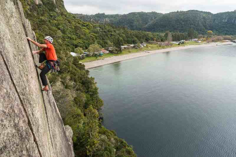 Image of climber on vertical wall with bush and lake in the background.